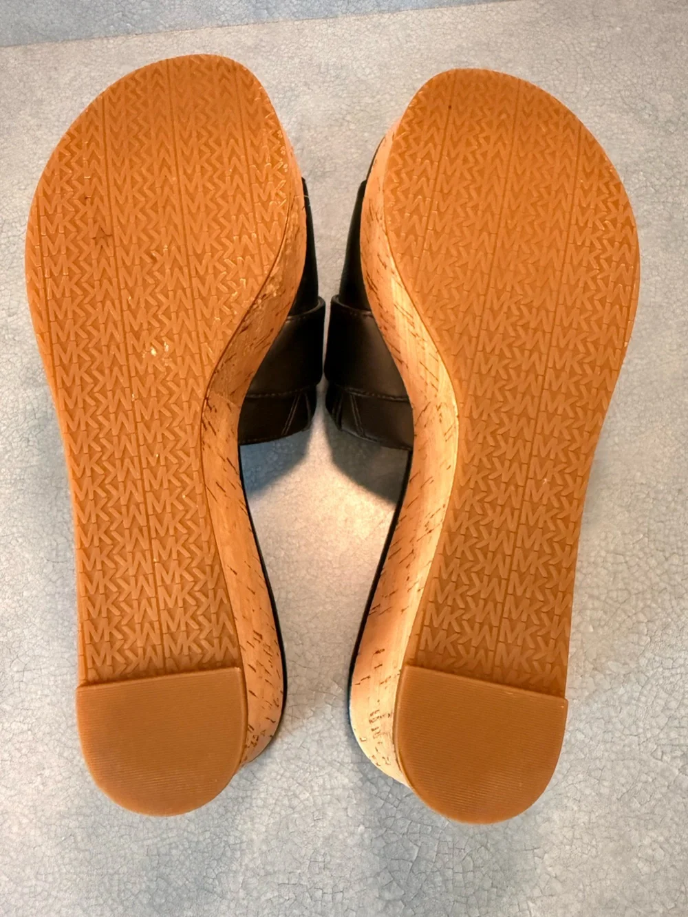 NWOT Michael Kors Black Leather Platform Cork Wedge Slides with Gold MK Hardware